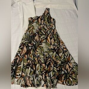 Women’s One-Shoulder Leaf-Print Dress in Olive and Brown